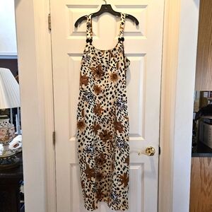 Floral Maxi Dress L Sleeveless Animal Print Scoop Neck Neutral Mixed Brown Black